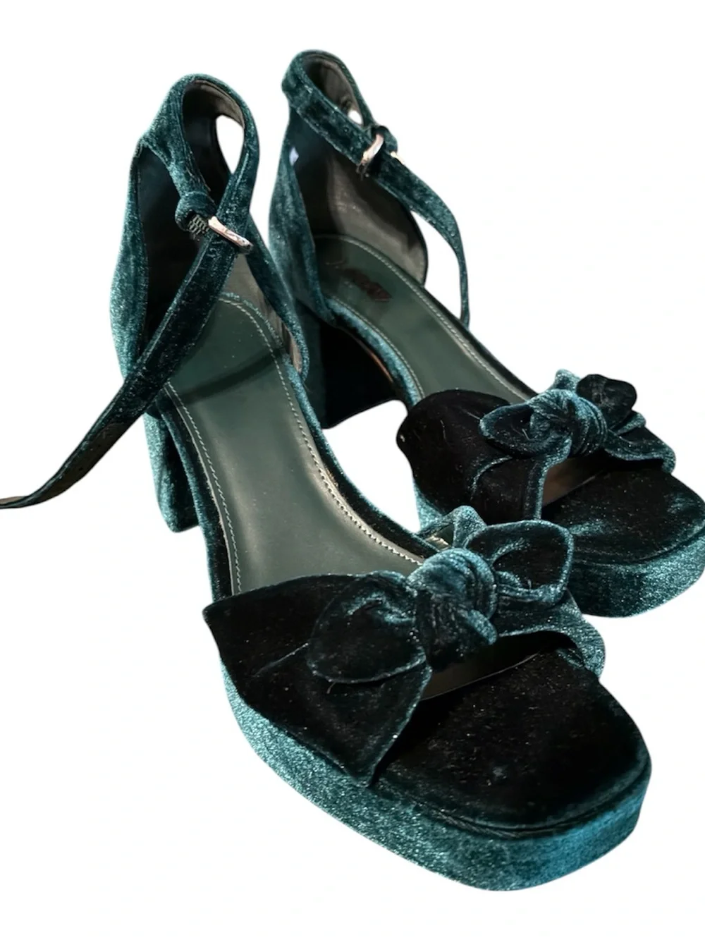 J. Crew Teal Velvet Bow Platform Heels